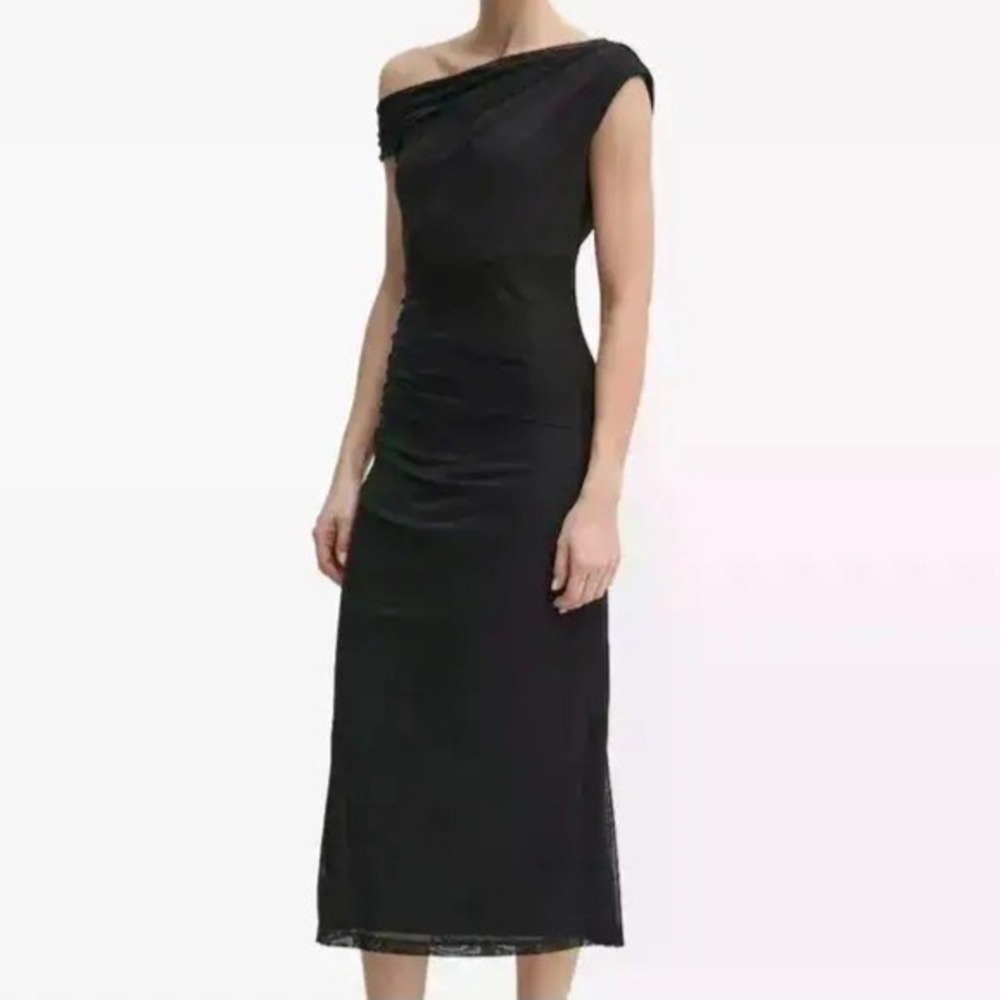 DKNY One Shoulder Asymmetric Neck Side Slit Bodycon Black Midi Dress Womens 14
